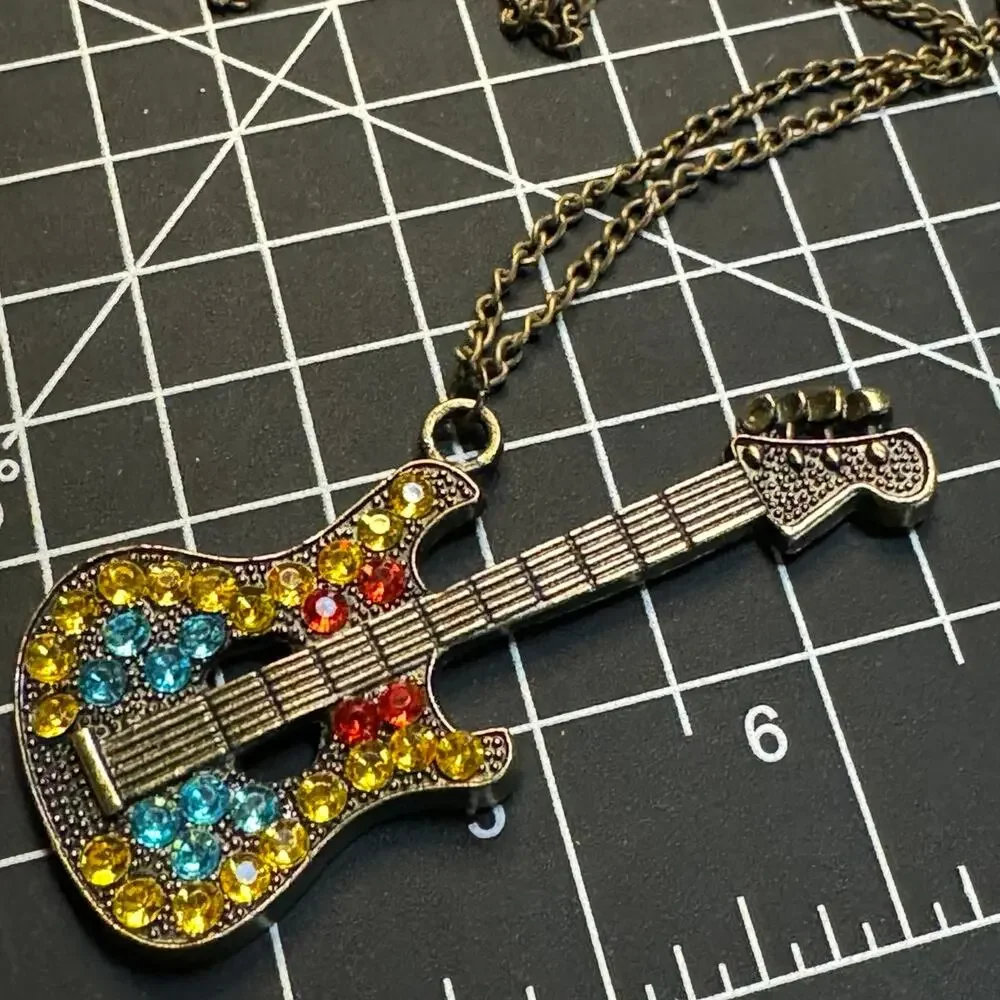 Antique Bronze Multi-Colored Rhinestone Guitar Necklace